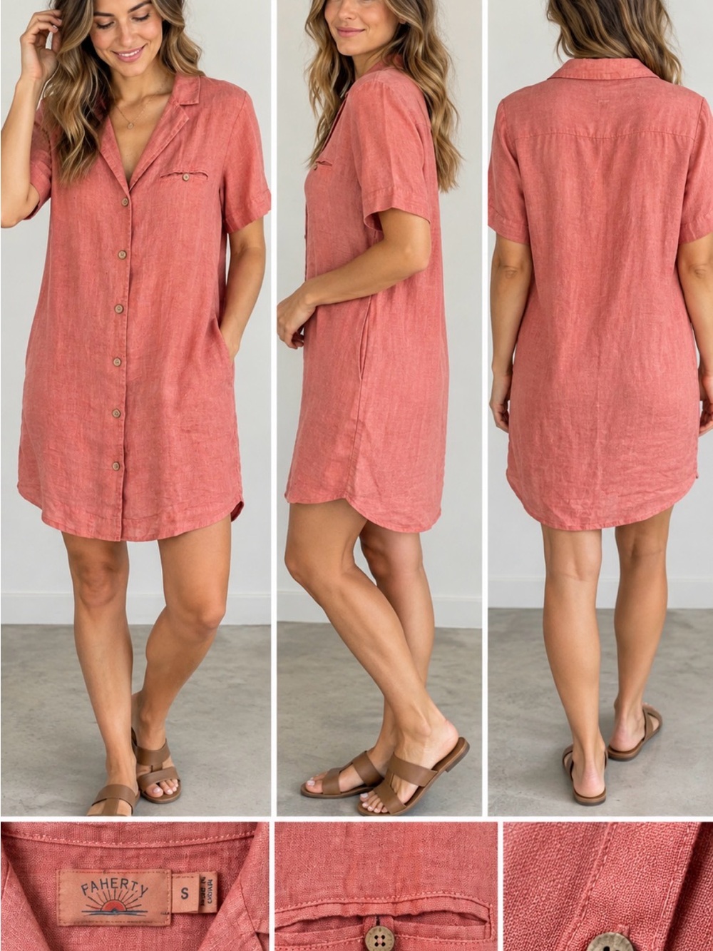 Faherty 100% Linen Coral Pink Button Front Shirt Dress Tunic Size S (flawed)